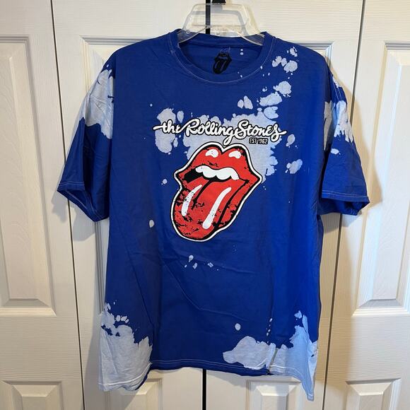 The Rolling Stones Hot Lips Logo Graphic Tee Bleach Tie Dye Blue White XL NWOT - Picture 1 of 4